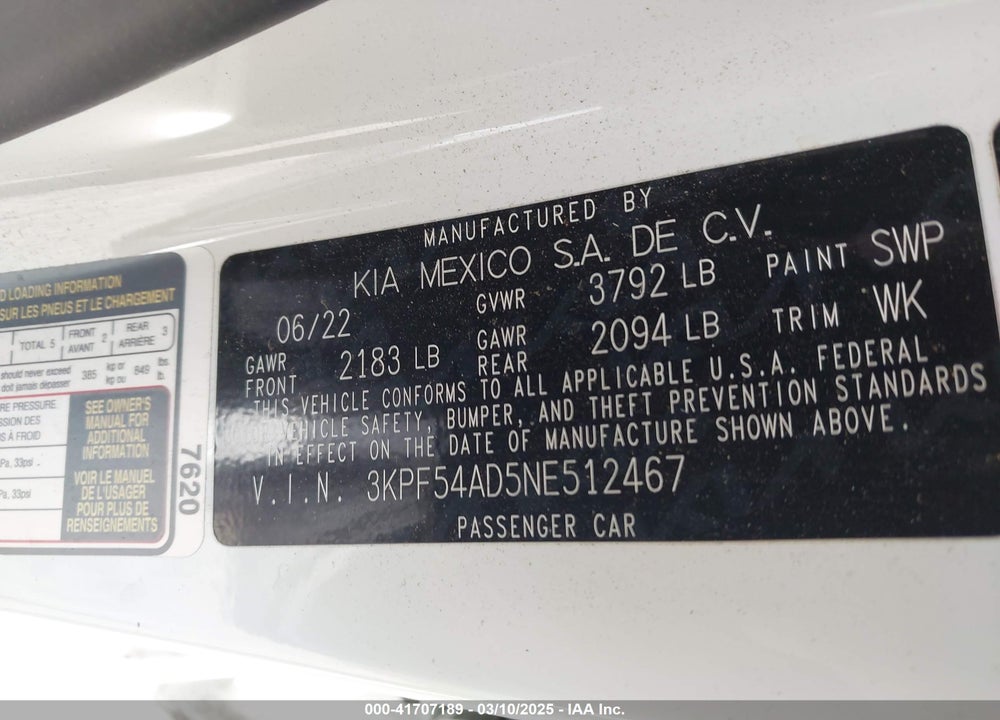 2022 KIA FORTE GT LINE VIN: 3KPF54AD5NE512467
