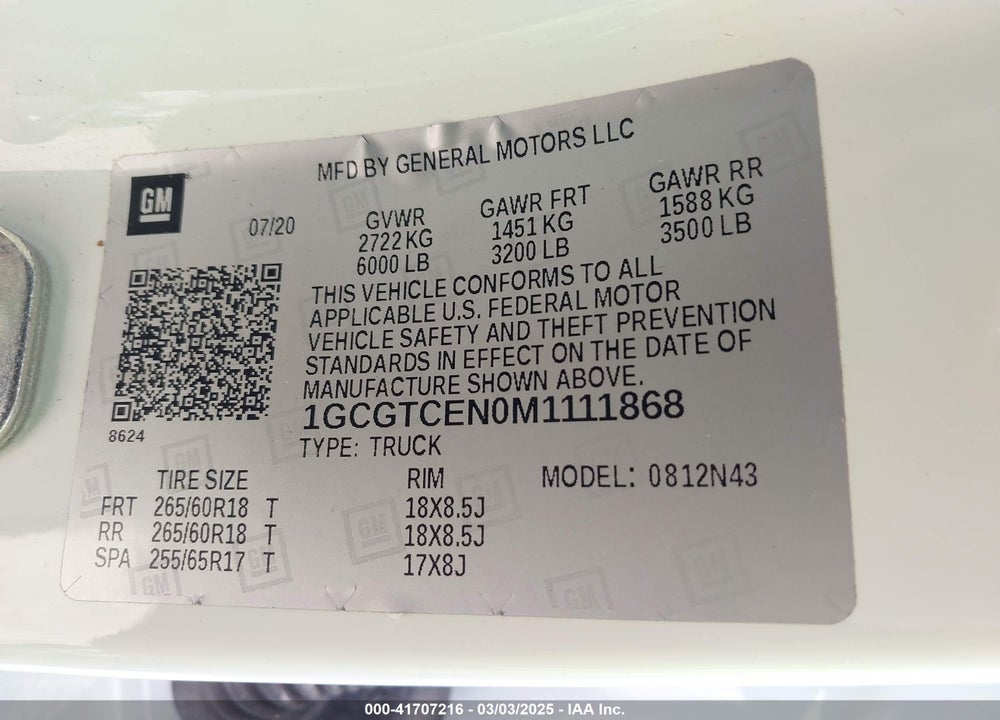 2021 CHEVROLET COLORADO 4WD SHORT BOX LT VIN: 1GCGTCEN0M1111868