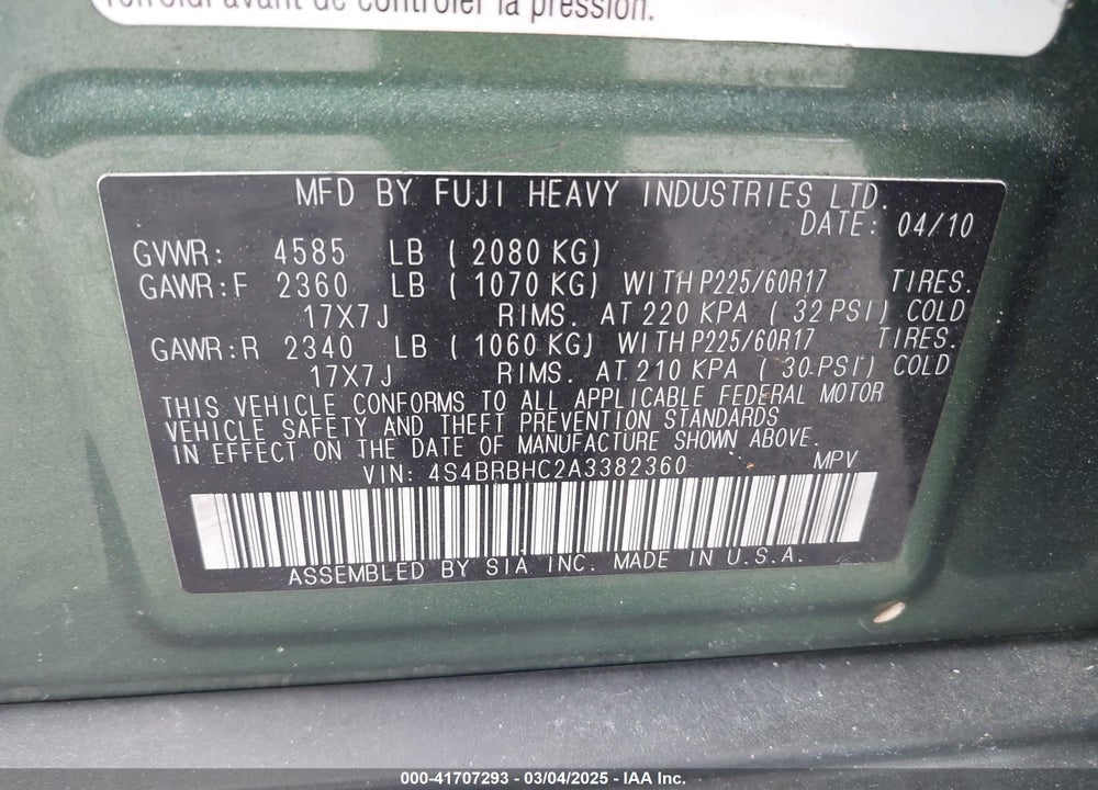 2010 SUBARU OUTBACK 2.5I PREMIUM VIN: 4S4BRBHC2A3382360