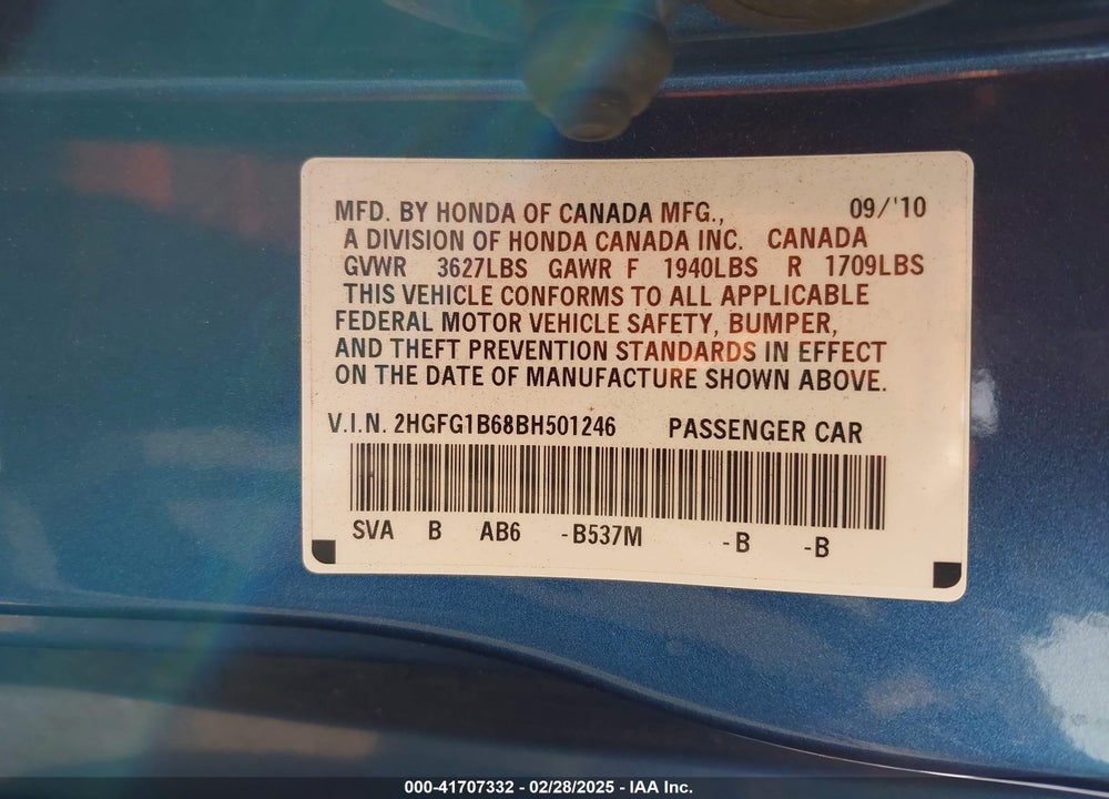 2011 HONDA CIVIC VIN: 2HGFG1B68BH501246