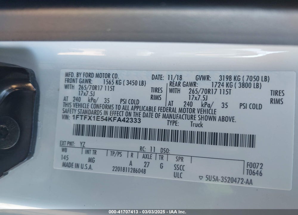 2019 FORD F-150 XLT VIN: 1FTFX1E54KFA42333