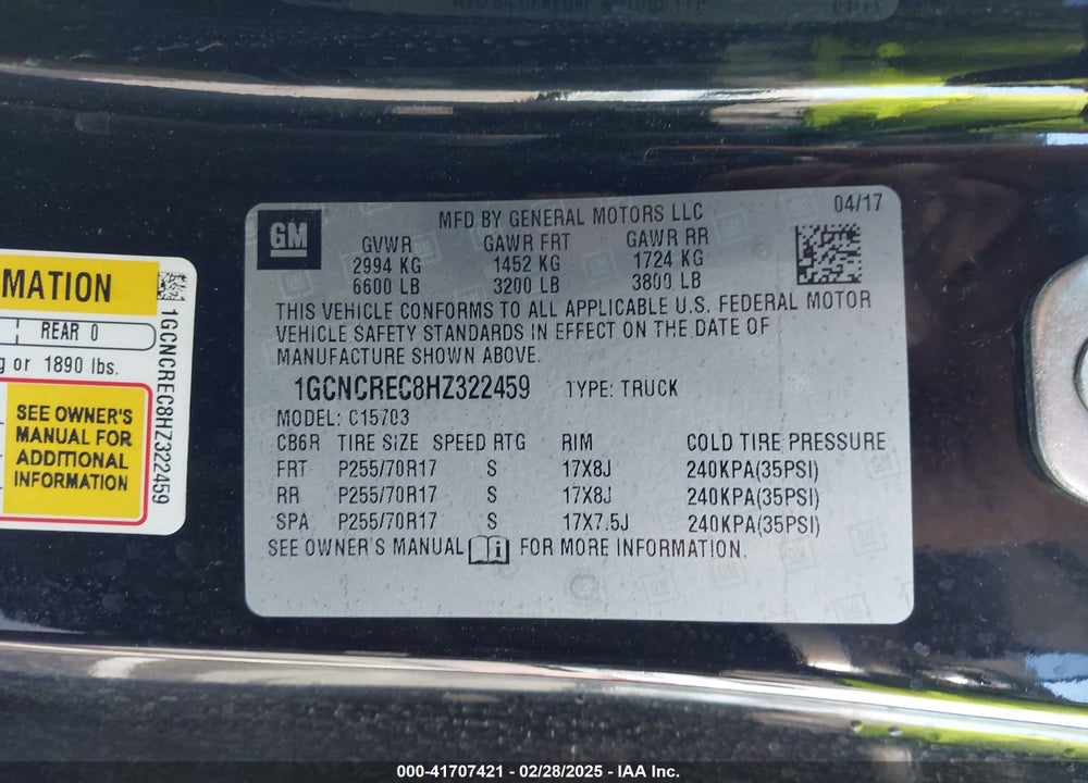 2017 CHEVROLET SILVERADO 1500 VIN: 1GCNCREC8HZ322459