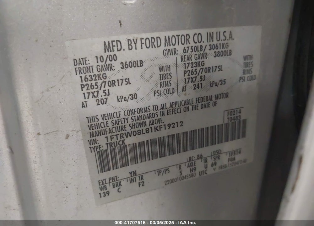 2001 FORD F-150 VIN: 1FTRW08L81KF19212