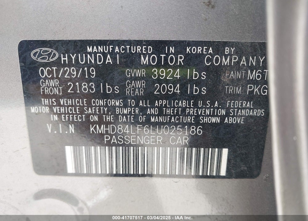 2020 HYUNDAI ELANTRA VIN: KMHD84LF6LU025186