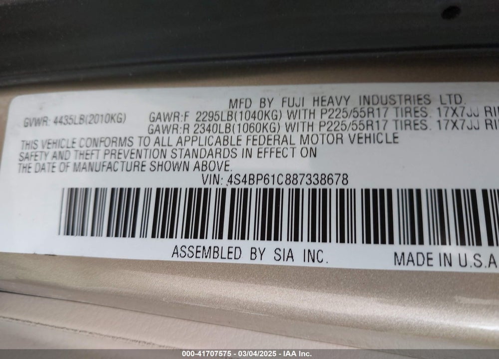 2008 SUBARU OUTBACK VIN: 4S4BP61C887338678