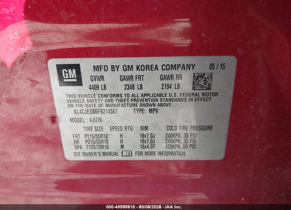 2015 BUICK ENCORE VIN: KL4CJESB6FB214567