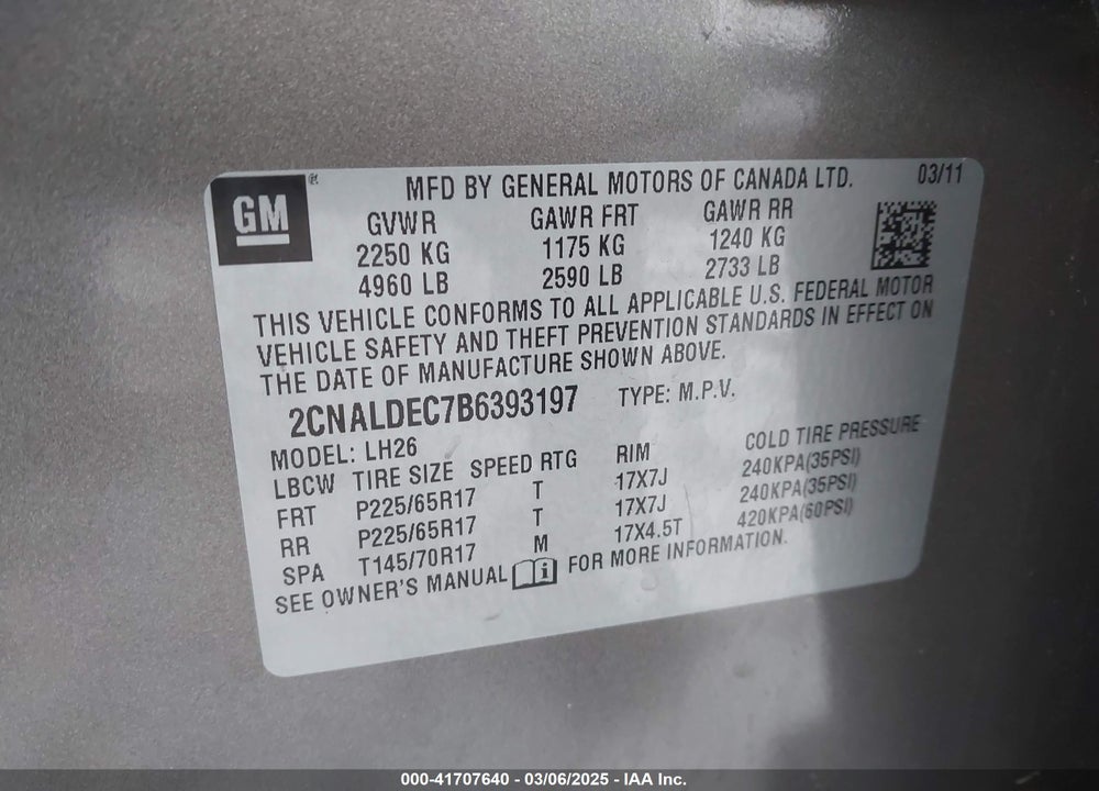 2011 CHEVROLET EQUINOX 1LT VIN: 2CNALDEC7B6393197