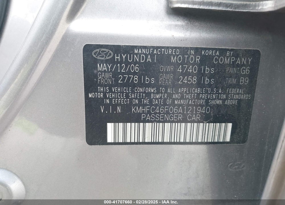 2006 HYUNDAI AZERA VIN: KMHFC46F06A121940