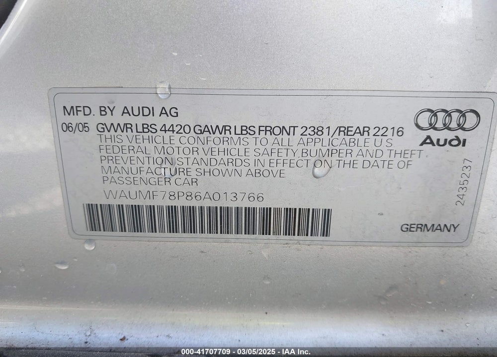 2006 AUDI A3 2.0T VIN: WAUMF78P86A013766