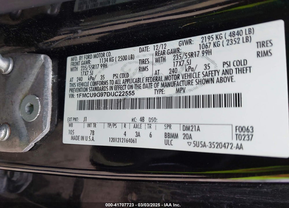 2013 FORD ESCAPE VIN: 1FMCU9G97DUC22555