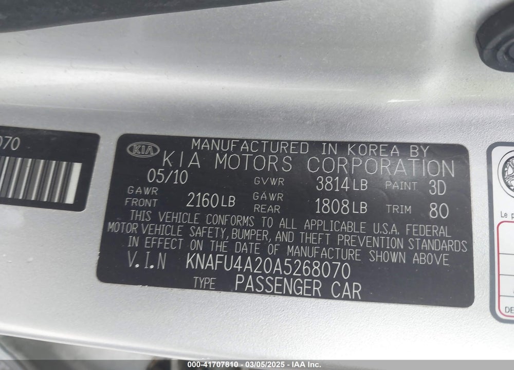 2010 KIA FORTE EX VIN: KNAFU4A20A5268070