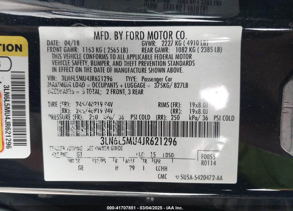 2018 LINCOLN MKZ VIN: 3LN6L5MU4JR621296