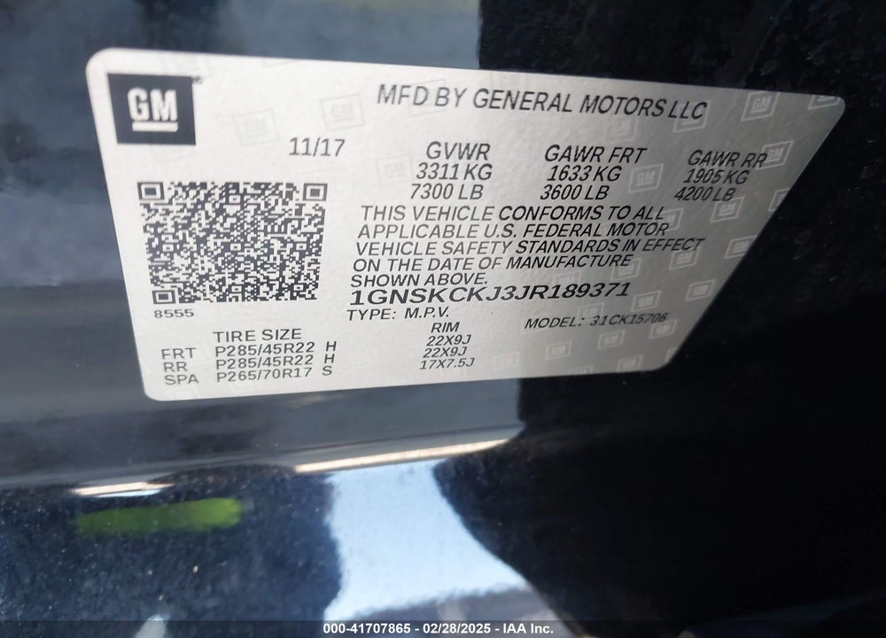 2018 CHEVROLET TAHOE VIN: 1GNSKCKJ3JR189371