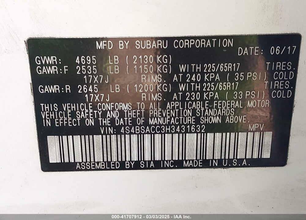 2017 SUBARU OUTBACK VIN: 4S4BSACC3H3431632
