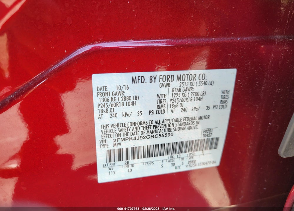 2016 FORD EDGE VIN: 2FMPK4J92GBC55590