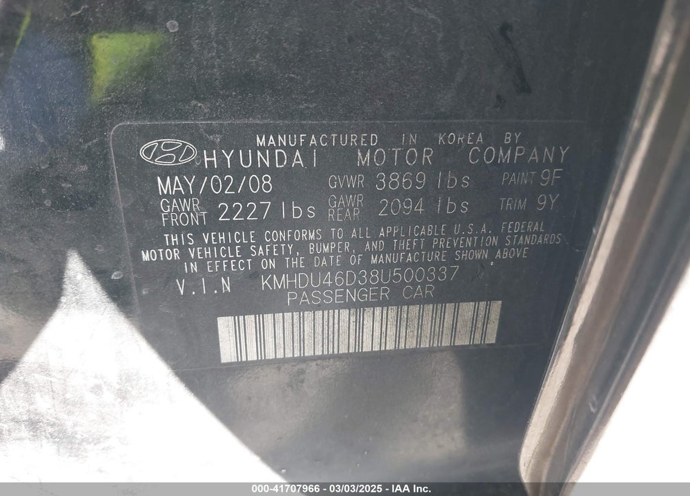 2008 HYUNDAI ELANTRA VIN: KMHDU46D38U500337
