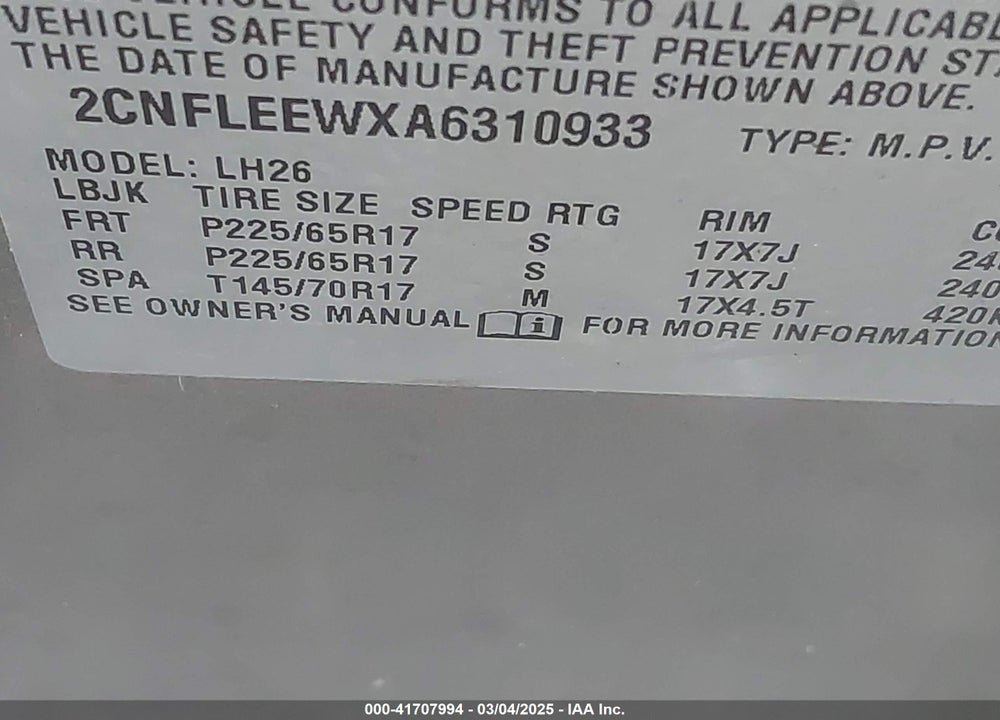 2010 CHEVROLET EQUINOX VIN: 2CNFLEEWXA6310933