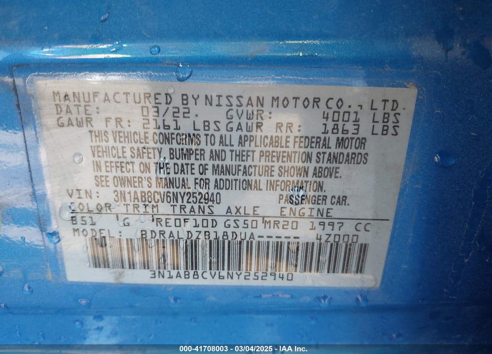2022 NISSAN SENTRA VIN: 3N1AB8CV6NY252940