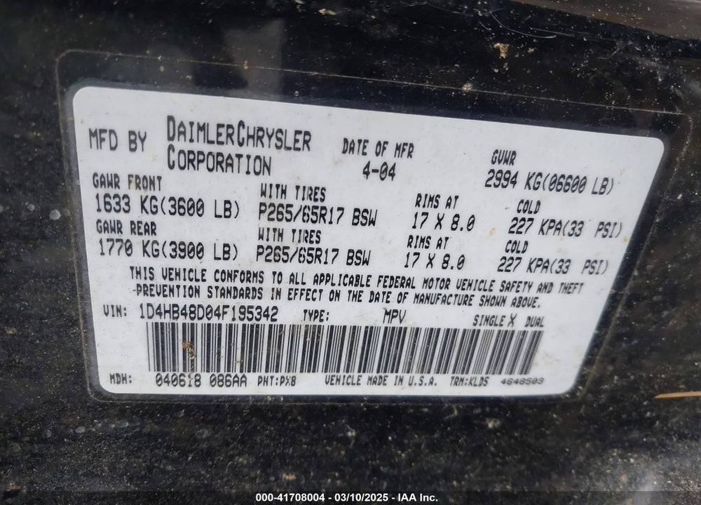 2004 DODGE DURANGO VIN: 1D4HB48D04F195342