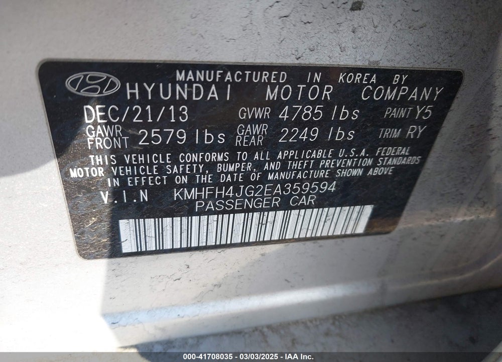 2014 HYUNDAI AZERA VIN: KMHFH4JG2EA359594