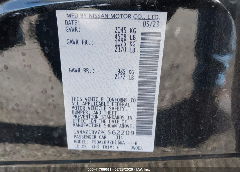 2023 NISSAN LEAF S 40 KWH VIN: 1N4AZ1BV7PC562209