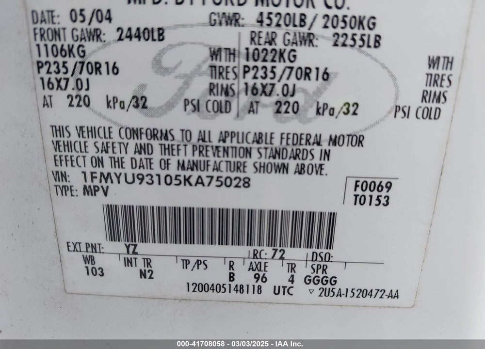 2005 FORD ESCAPE XLT VIN: 1FMYU93105KA75028