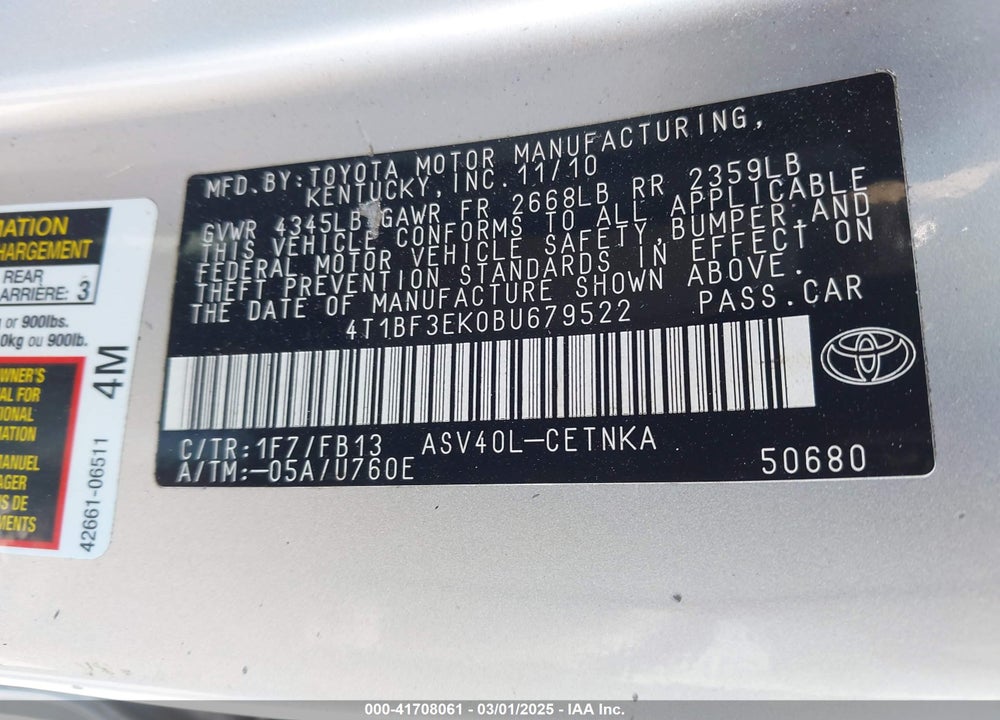 2011 TOYOTA CAMRY VIN: 4T1BF3EK0BU679522