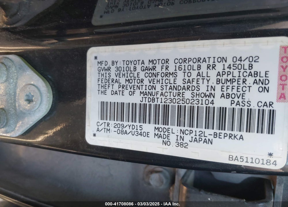 2002 TOYOTA ECHO VIN: JTDBT123025023104