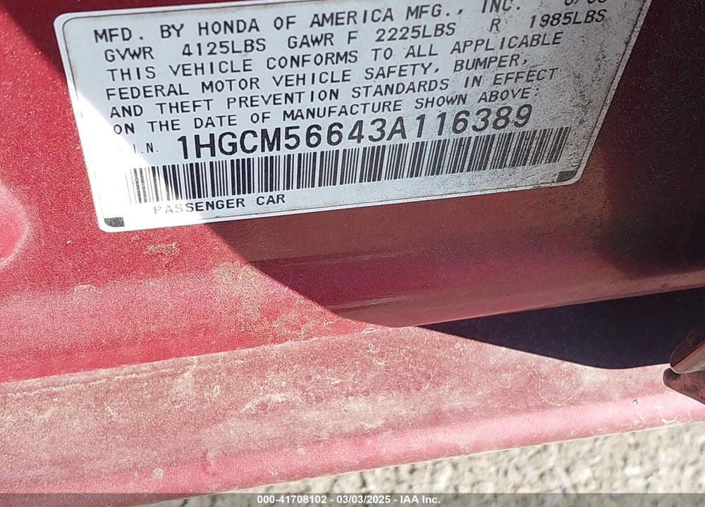 2003 HONDA ACCORD 2.4 EX VIN: 1HGCM56643A116389