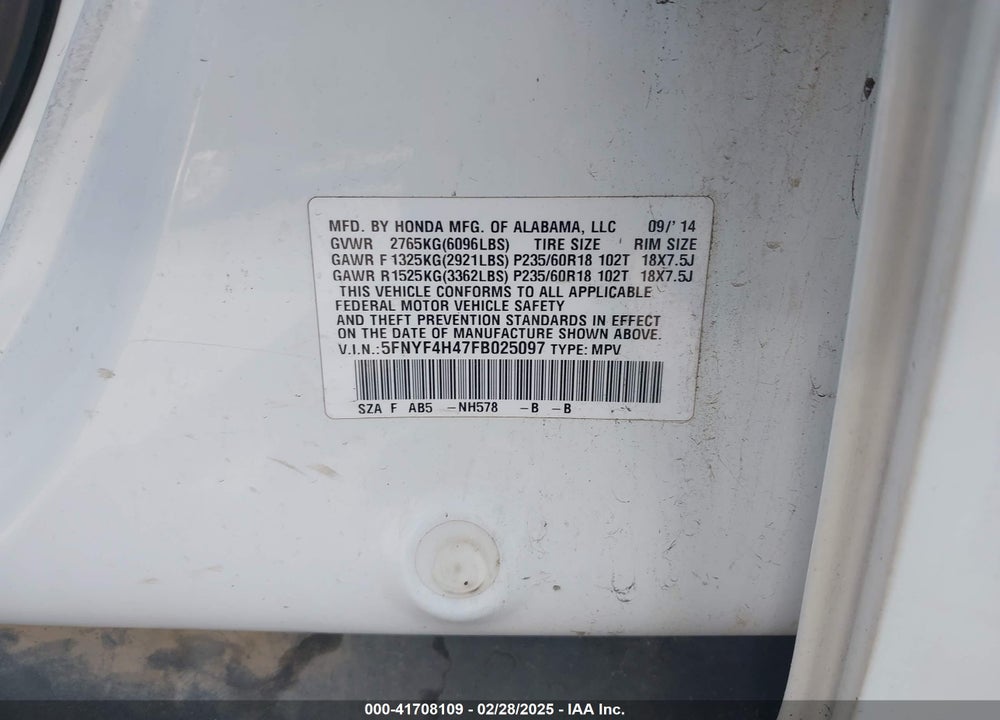 2015 HONDA PILOT EX VIN: 5FNYF4H47FB025097