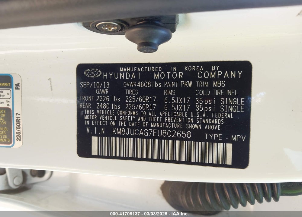 2014 HYUNDAI TUCSON SE VIN: KM8JUCAG7EU802658
