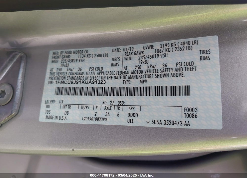 2019 FORD ESCAPE VIN: 1FMCU9J91KUA91323