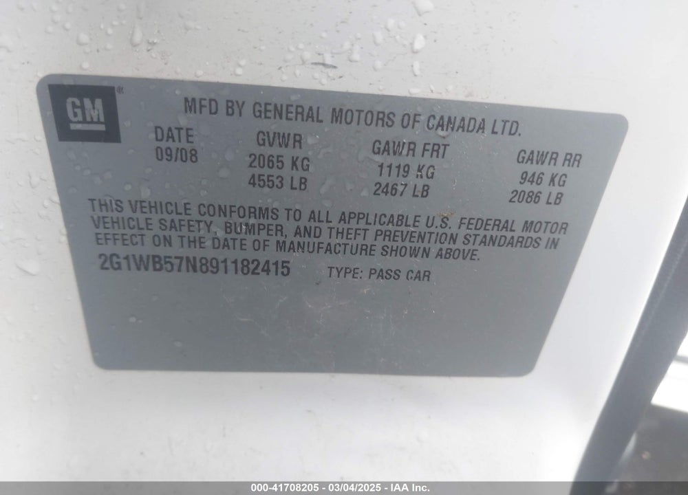 2009 CHEVROLET IMPALA LS VIN: 2G1WB57N891182415