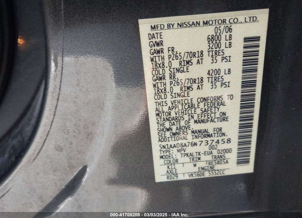 2006 NISSAN ARMADA VIN: 5N1AA08A76N737458