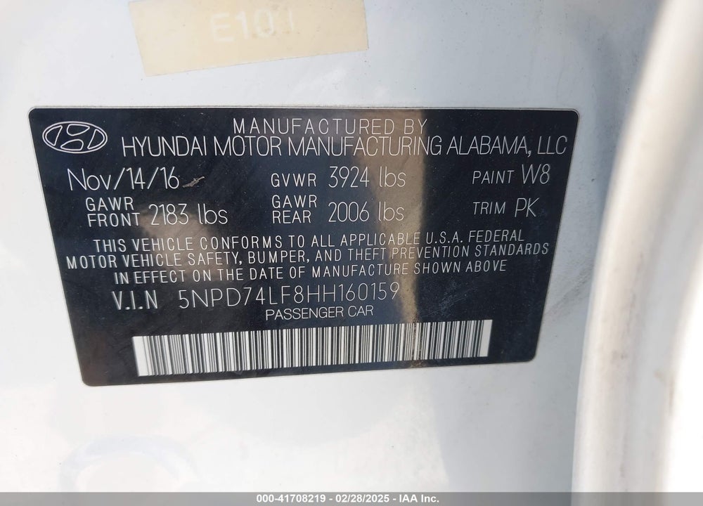 2017 HYUNDAI ELANTRA SE VIN: 5NPD74LF8HH160159