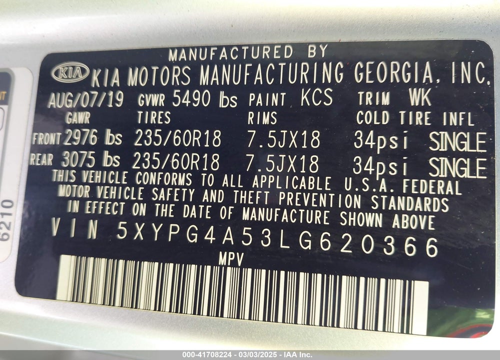 2020 KIA SORENTO VIN: 5XYPG4A53LG620366