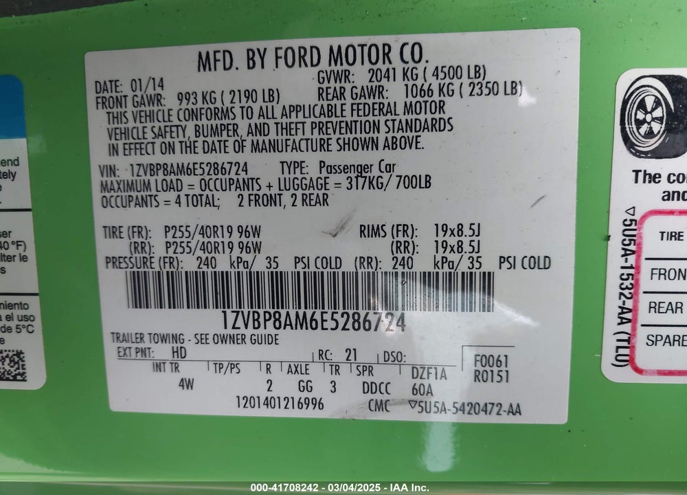 2014 FORD MUSTANG VIN: 1ZVBP8AM6E5286724