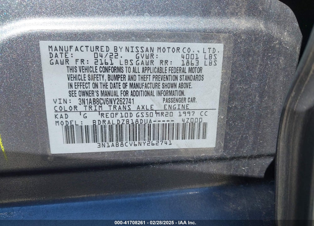 2022 NISSAN SENTRA VIN: 3N1AB8CV6NY262741
