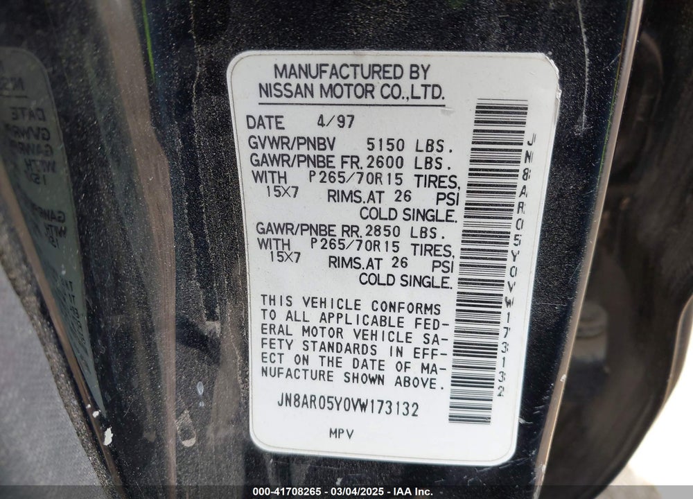 1997 NISSAN PATHFINDER VIN: JN8AR05Y0VW173132