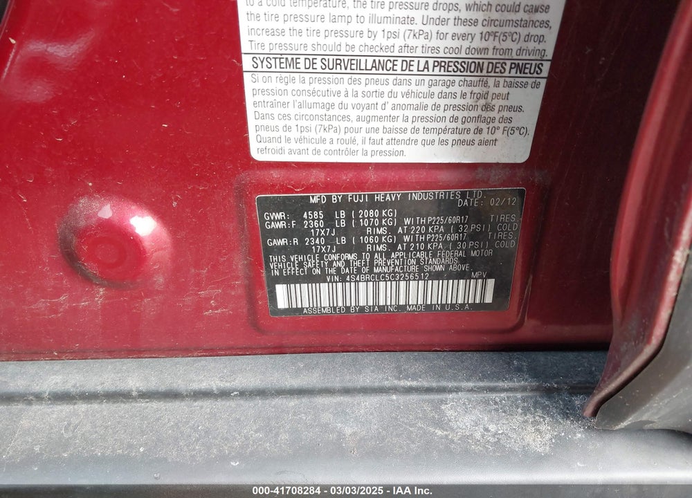2012 SUBARU OUTBACK VIN: 4S4BRCLC5C3256512