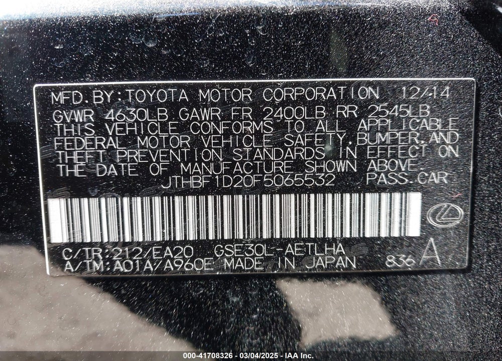 2015 LEXUS IS 250 VIN: JTHBF1D20F5065532