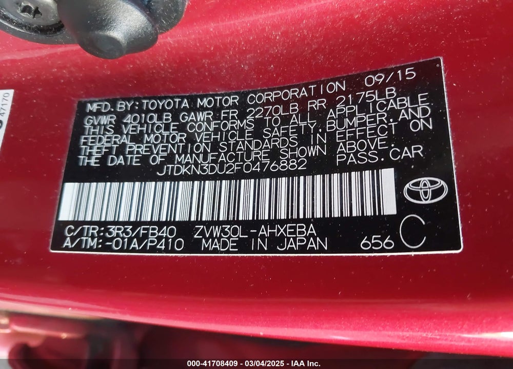 2015 TOYOTA PRIUS VIN: JTDKN3DU2F0476882