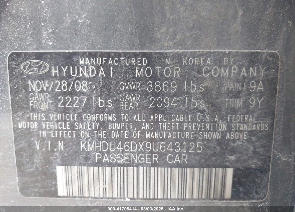 2009 HYUNDAI ELANTRA VIN: KMHDU46DX9U643125