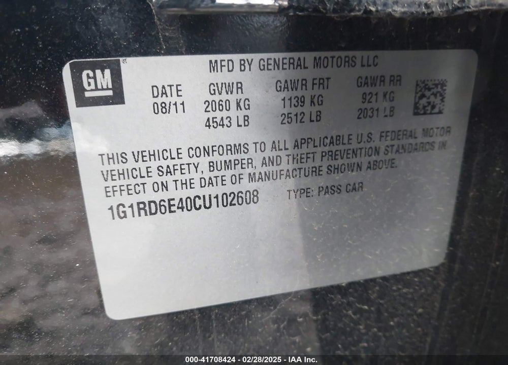 2012 CHEVROLET VOLT VIN: 1G1RD6E40CU102608