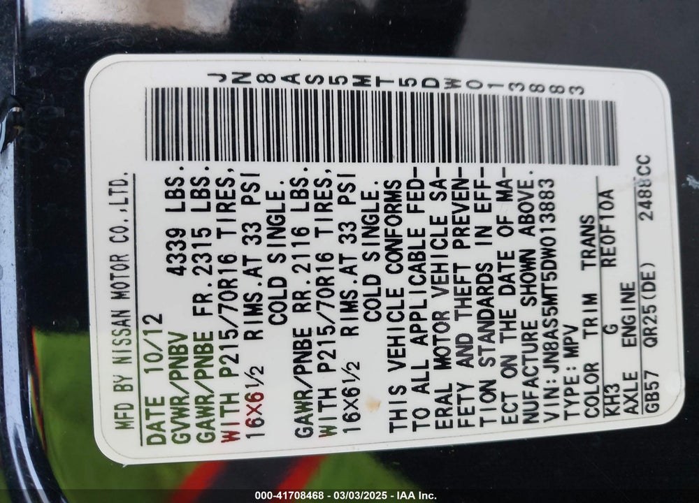 2013 NISSAN ROGUE VIN: JN8AS5MT5DW013883