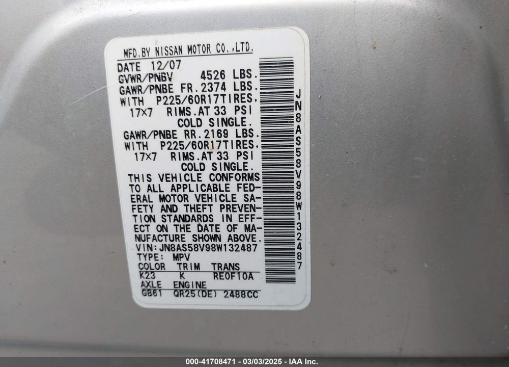 2008 NISSAN ROGUE VIN: JN8AS58V98W132487