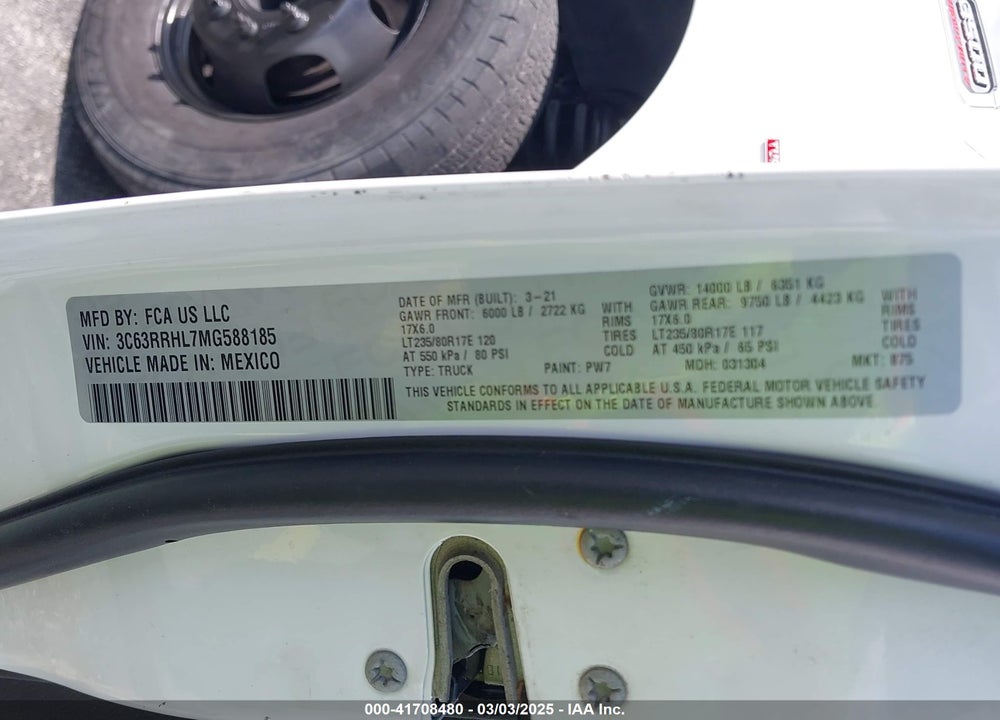 2021 RAM 3500 VIN: 3C63RRHL7MG588185