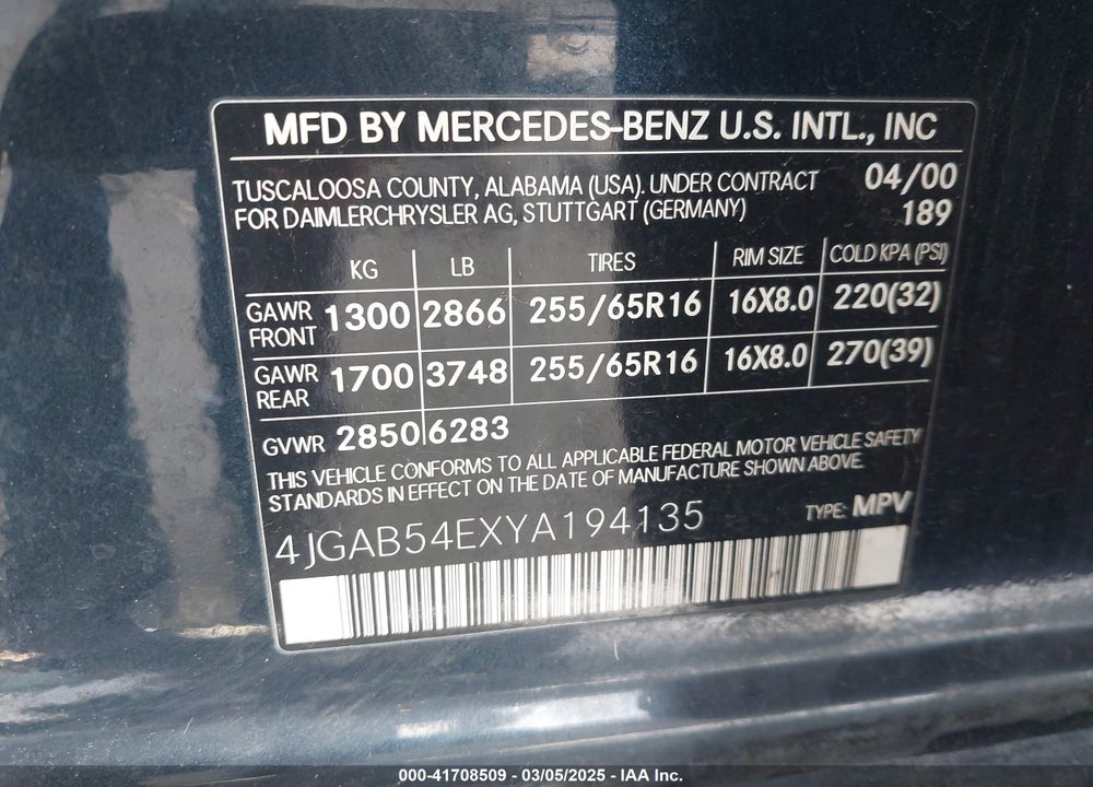 2000 MERCEDES-BENZ ML 320 VIN: 4JGAB54EXYA194135