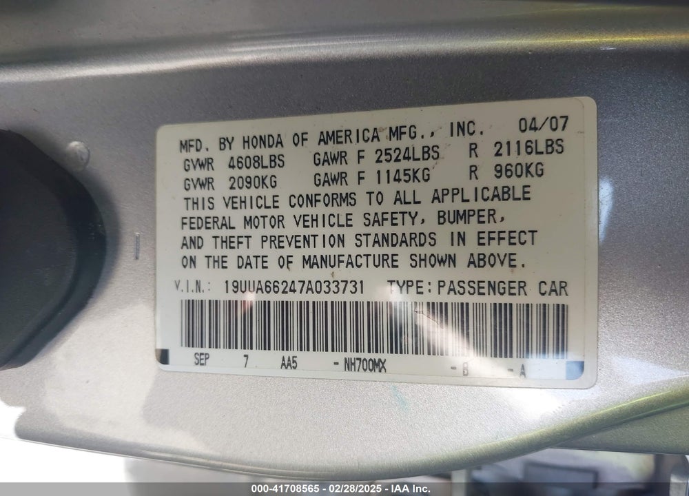 2007 ACURA TL VIN: 19UUA66247A033731