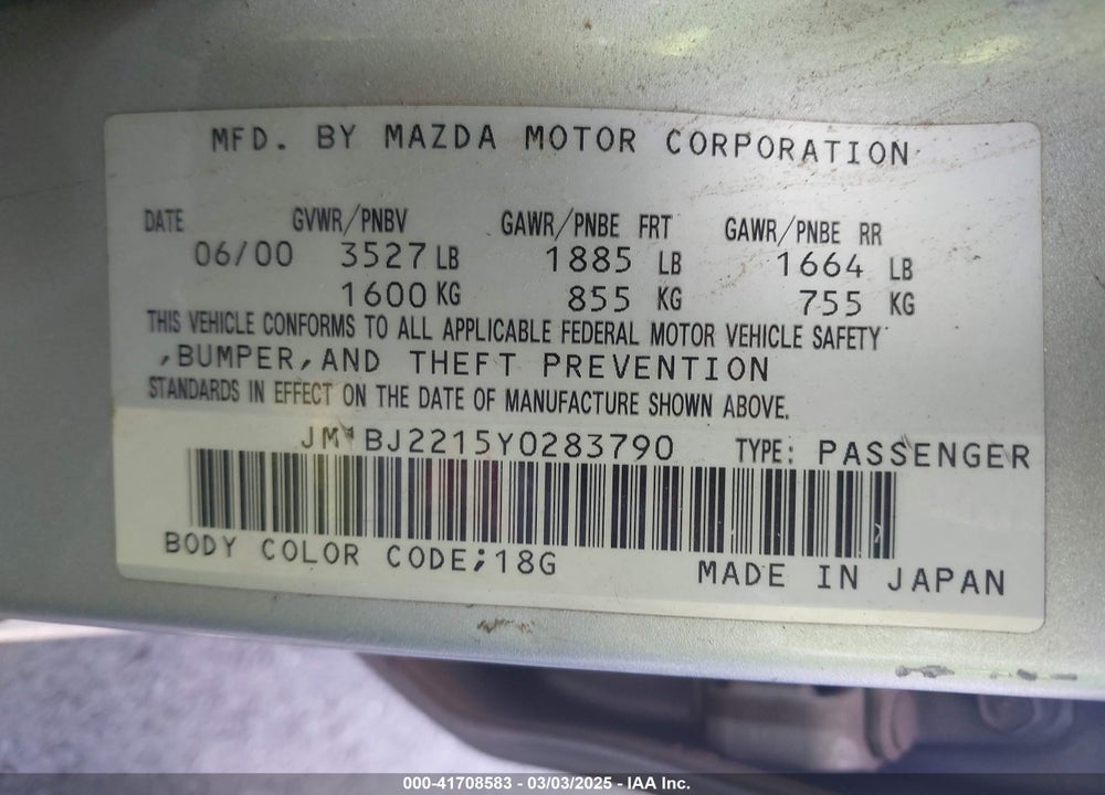 2000 MAZDA PROTEGE ES VIN: JM1BJ2215Y0283790